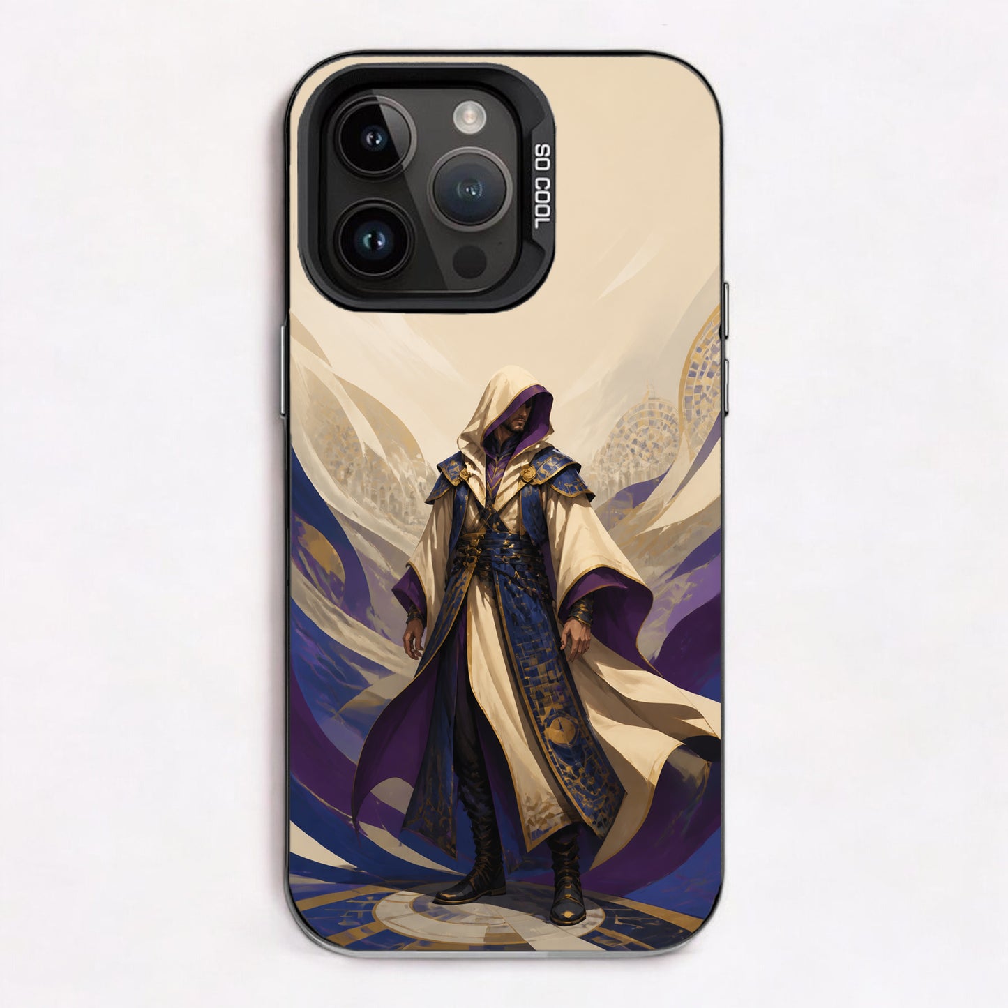A hooded figure in ornate purple and gold attire stands against an abstract background, evoking a sense of mystery and elegance.