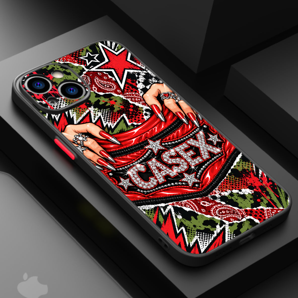 A graphic design featuring camouflage patterns, red and black stars, and stiletto nails with a bold, edgy aesthetic.