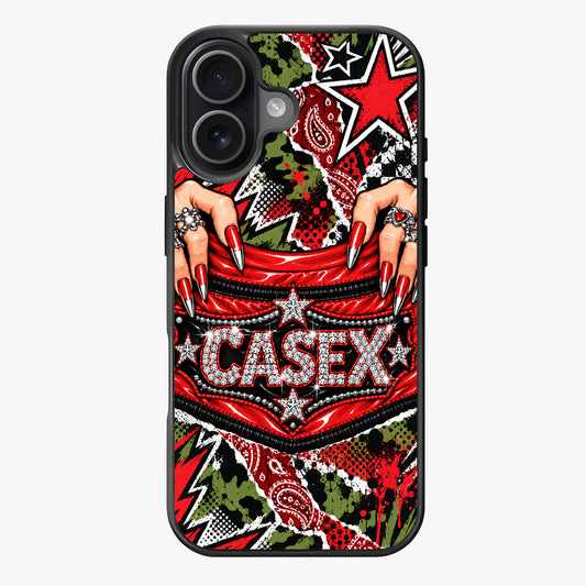 A graphic design featuring camouflage patterns, red and black stars, and stiletto nails with a bold, edgy aesthetic.