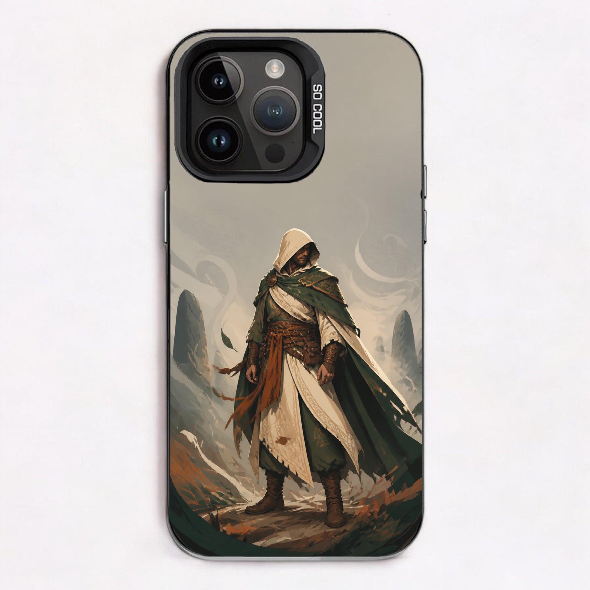 A hooded figure stands in a misty landscape adorned with earth tones and intricate patterns.