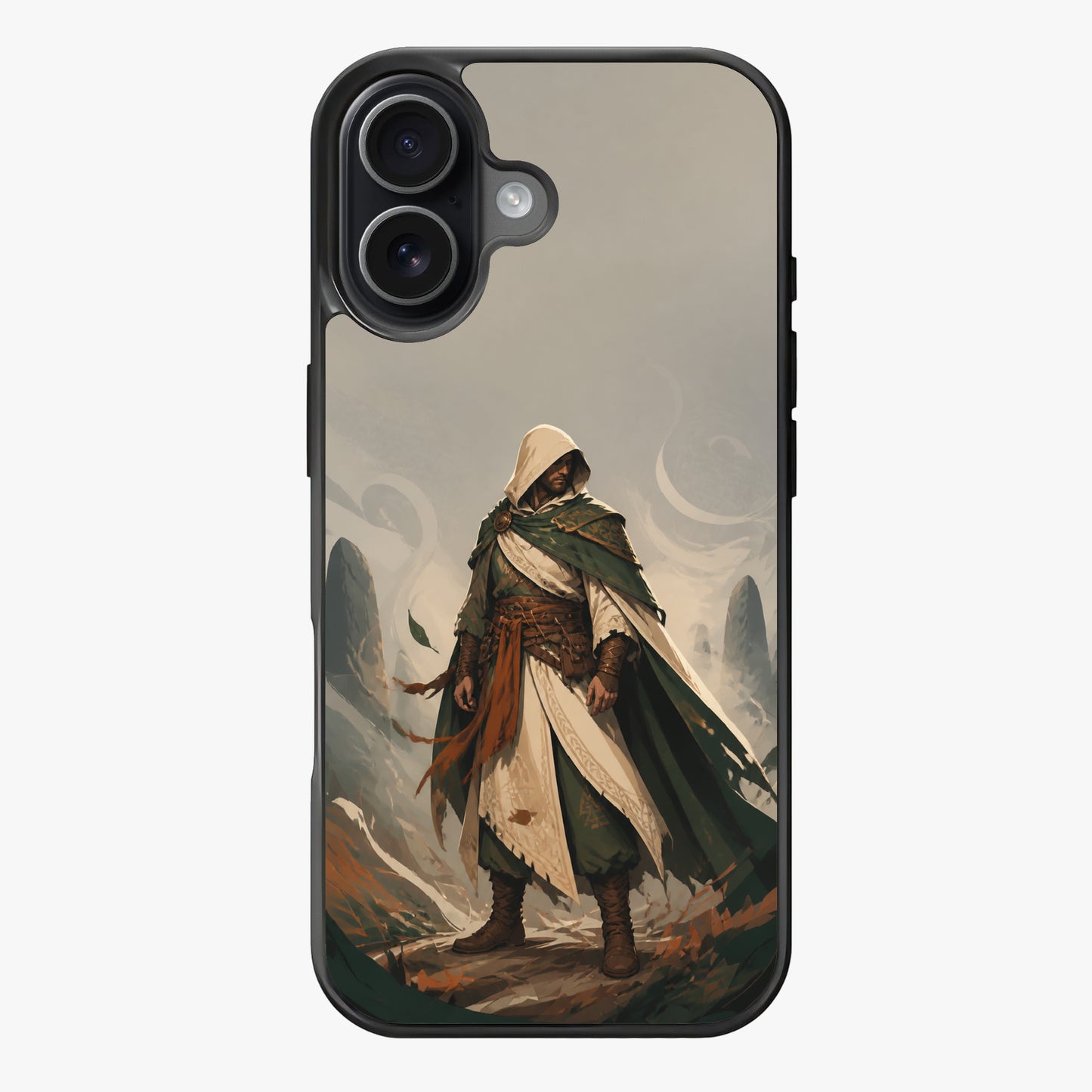 A hooded figure stands in a misty landscape adorned with earth tones and intricate patterns.