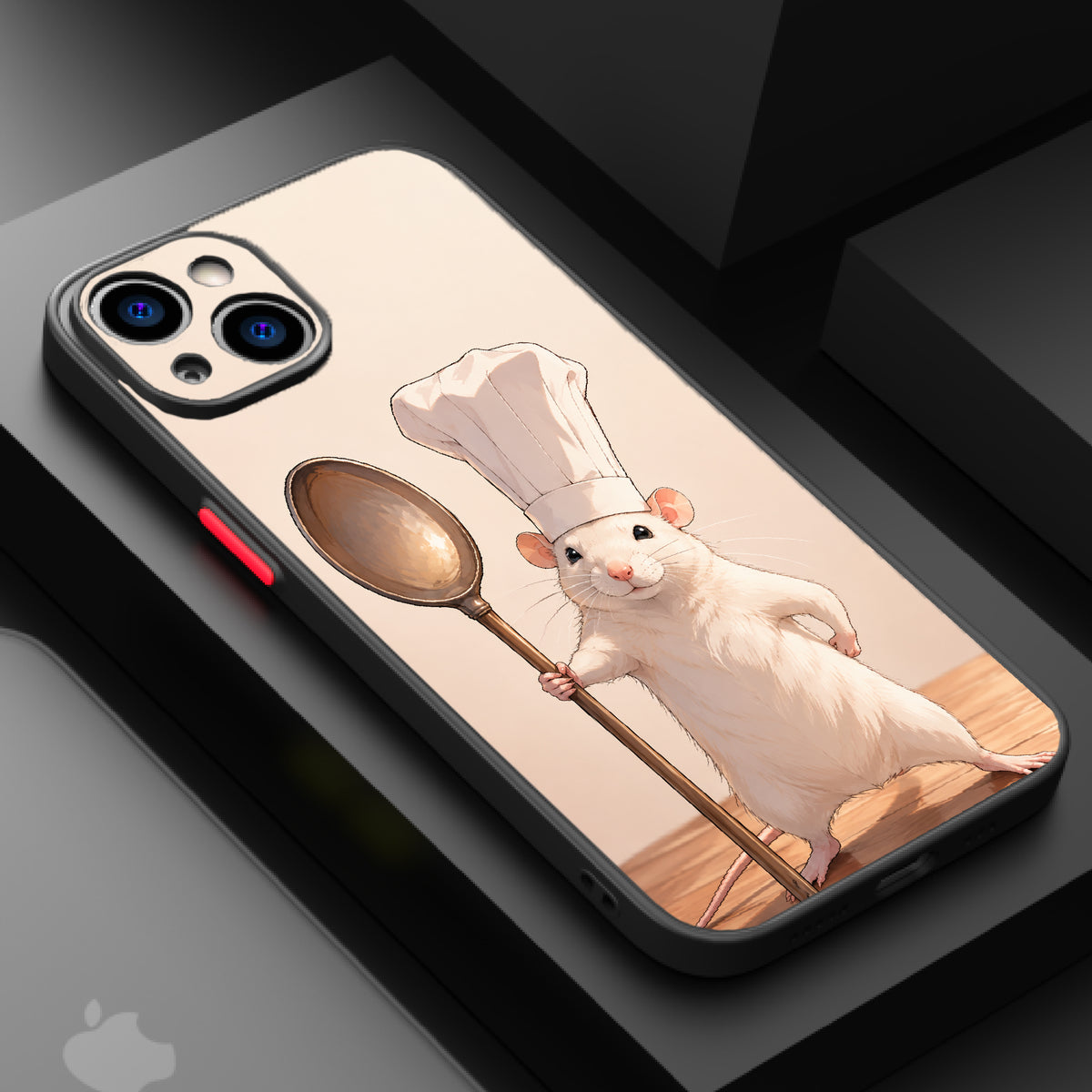 A white mouse in a chef's hat holding a large spoon, standing on a wooden floor with a soft pastel background.