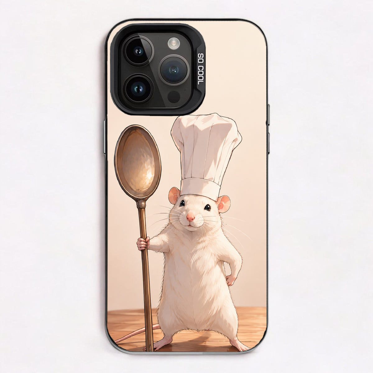 A white mouse in a chef's hat holding a large spoon, standing on a wooden floor with a soft pastel background.