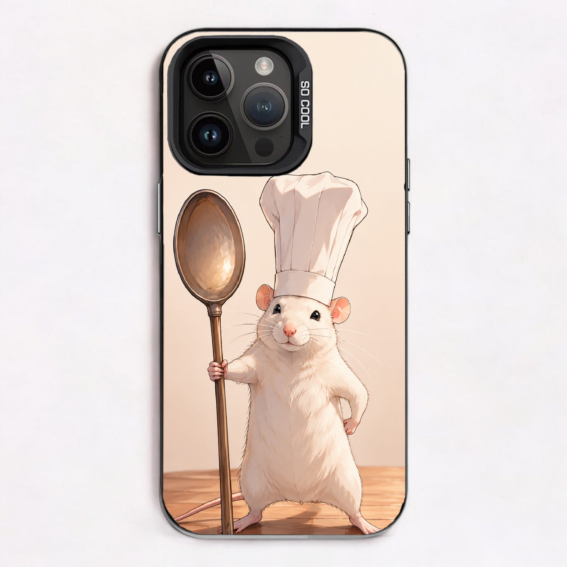 A white mouse in a chef's hat holding a large spoon, standing on a wooden floor with a soft pastel background.
