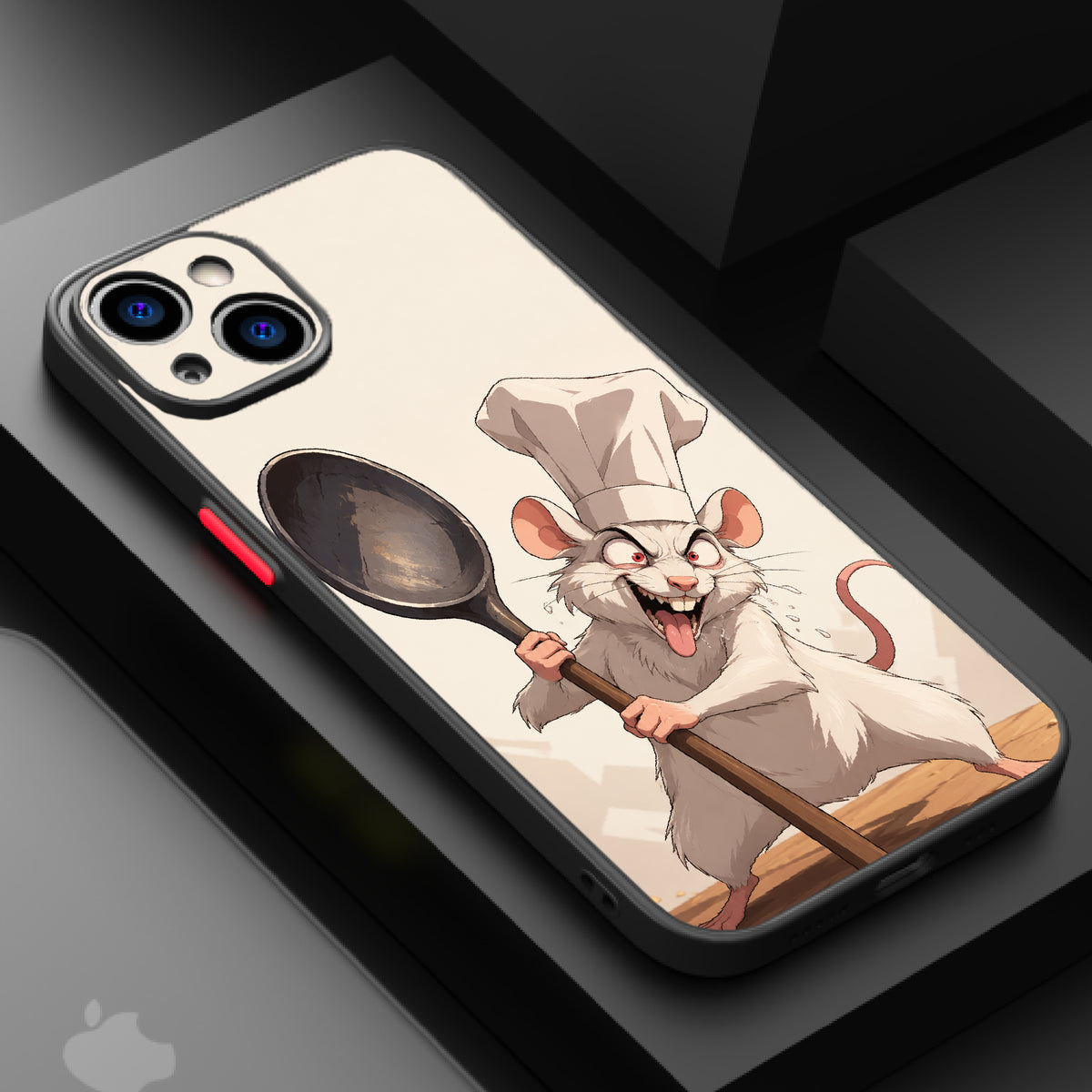 Cartoon mouse chef in white toque and apron, holding a large wooden spoon, with a humorous and dynamic expression.