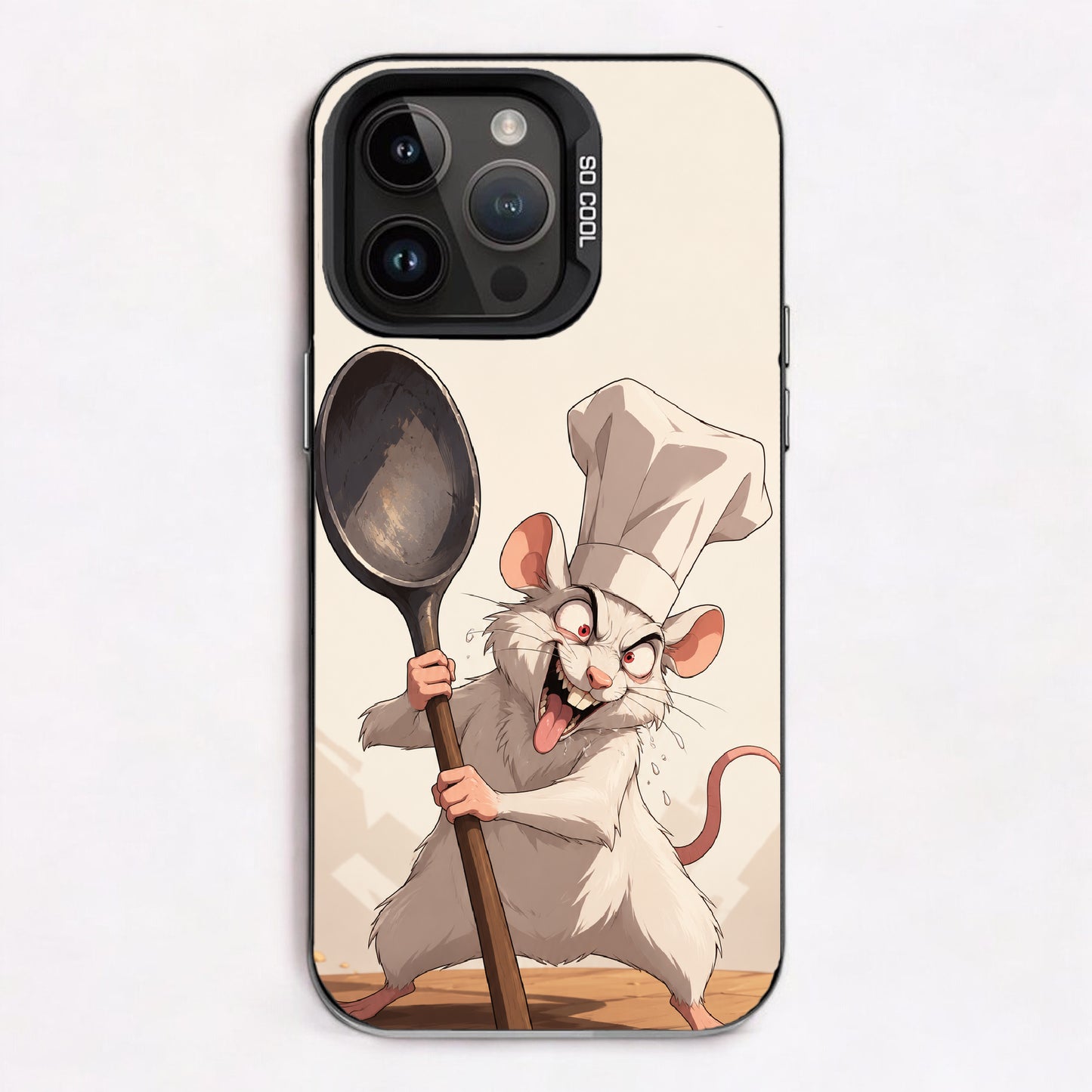Cartoon mouse chef in white toque and apron, holding a large wooden spoon, with a humorous and dynamic expression.