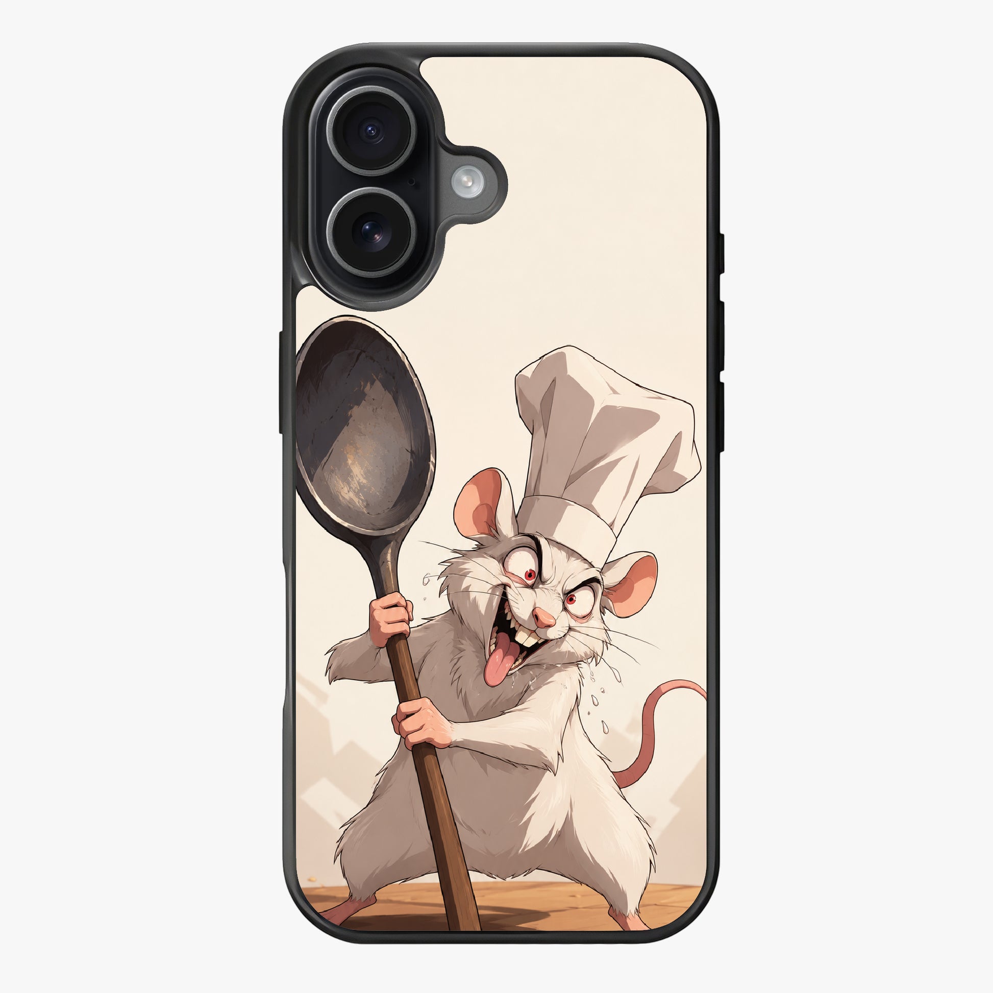 Cartoon mouse chef in white toque and apron, holding a large wooden spoon, with a humorous and dynamic expression.