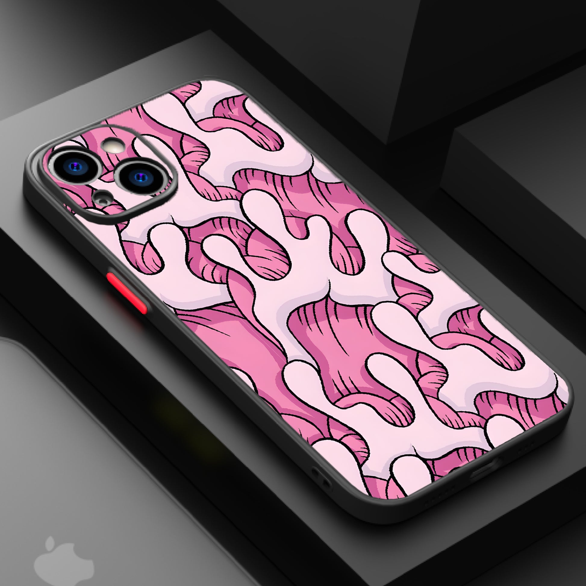 Abstract pattern of intertwined pink and white shapes resembling hands on a light background.