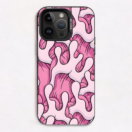 Abstract pattern of intertwined pink and white shapes resembling hands on a light background.