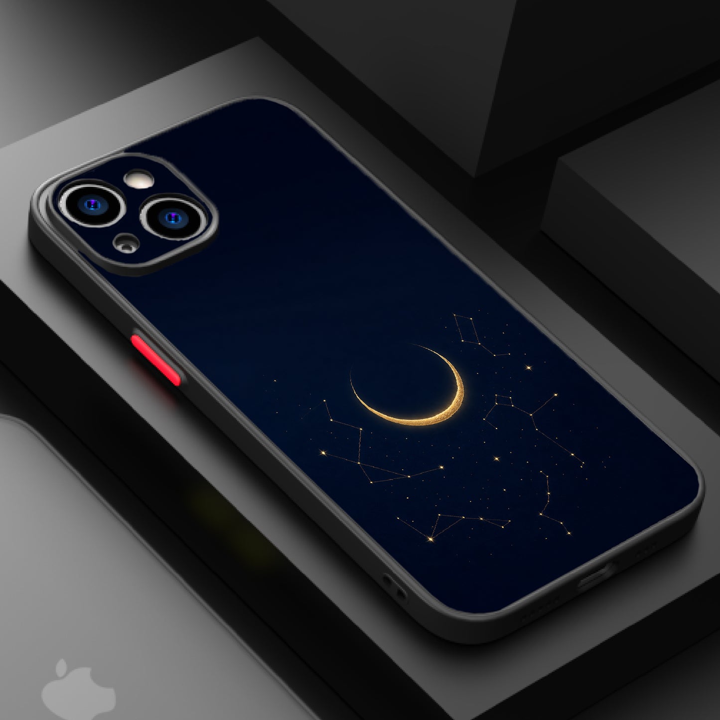 Minimalistic crescent moon design with golden accents, set against a dark blue night sky filled with stars and constellations.