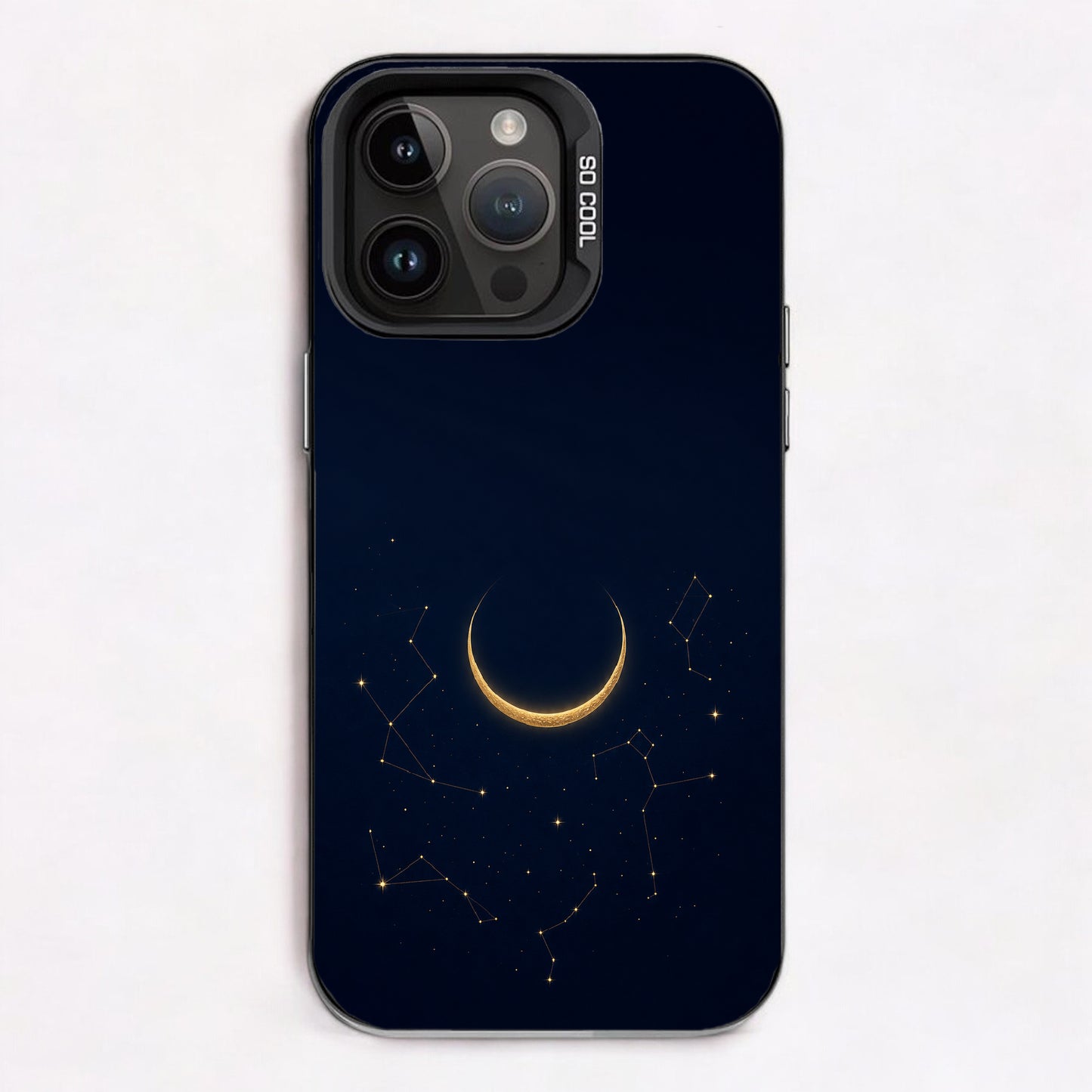 Minimalistic crescent moon design with golden accents, set against a dark blue night sky filled with stars and constellations.