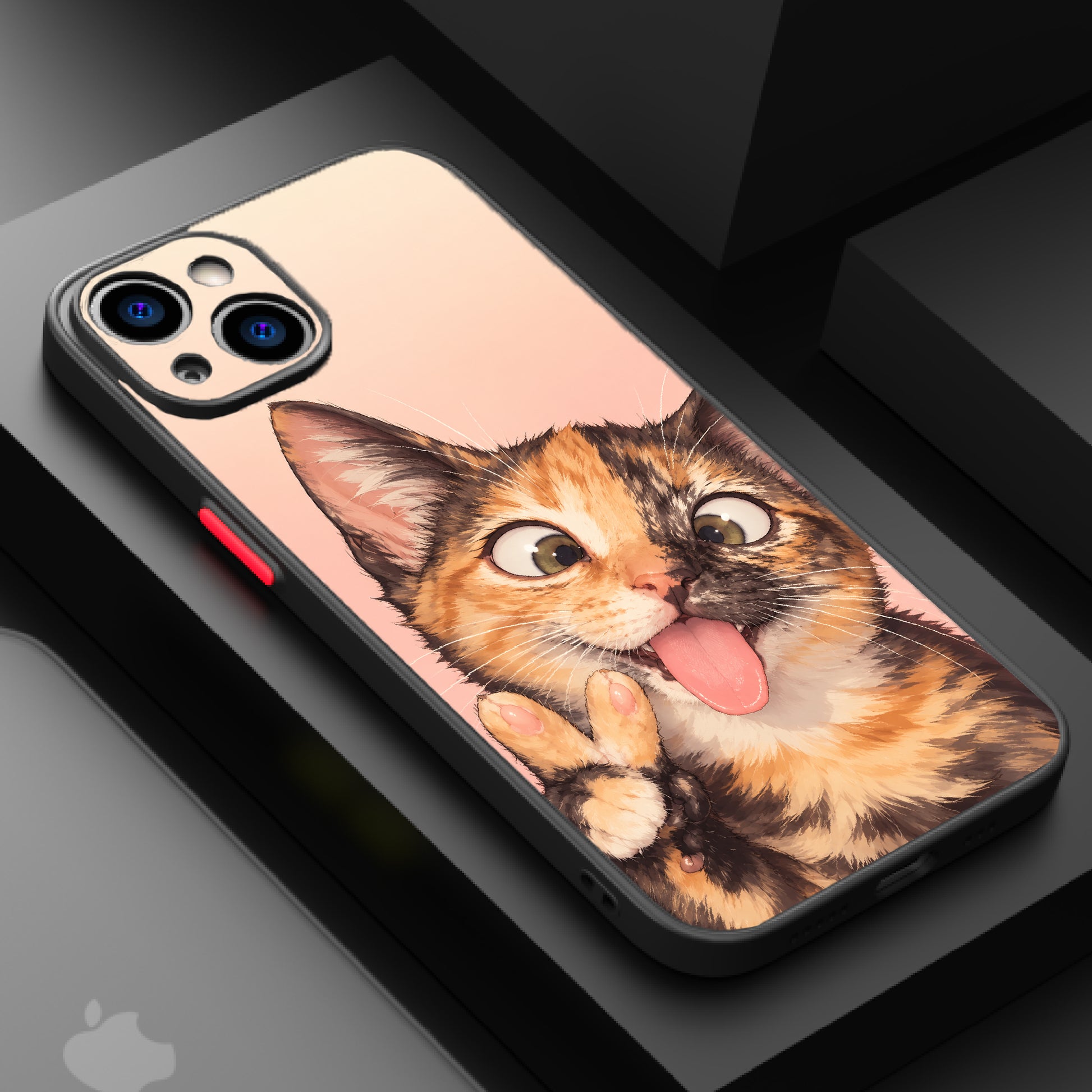 Close-up of a cartoonish calico cat with crossed paws and a playful expression.