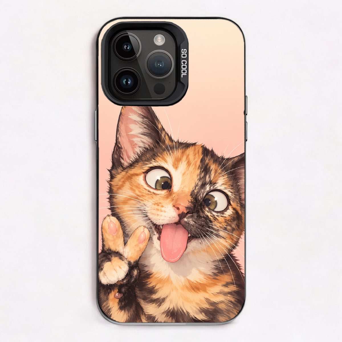 Close-up of a cartoonish calico cat with crossed paws and a playful expression.