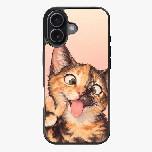 Close-up of a cartoonish calico cat with crossed paws and a playful expression.