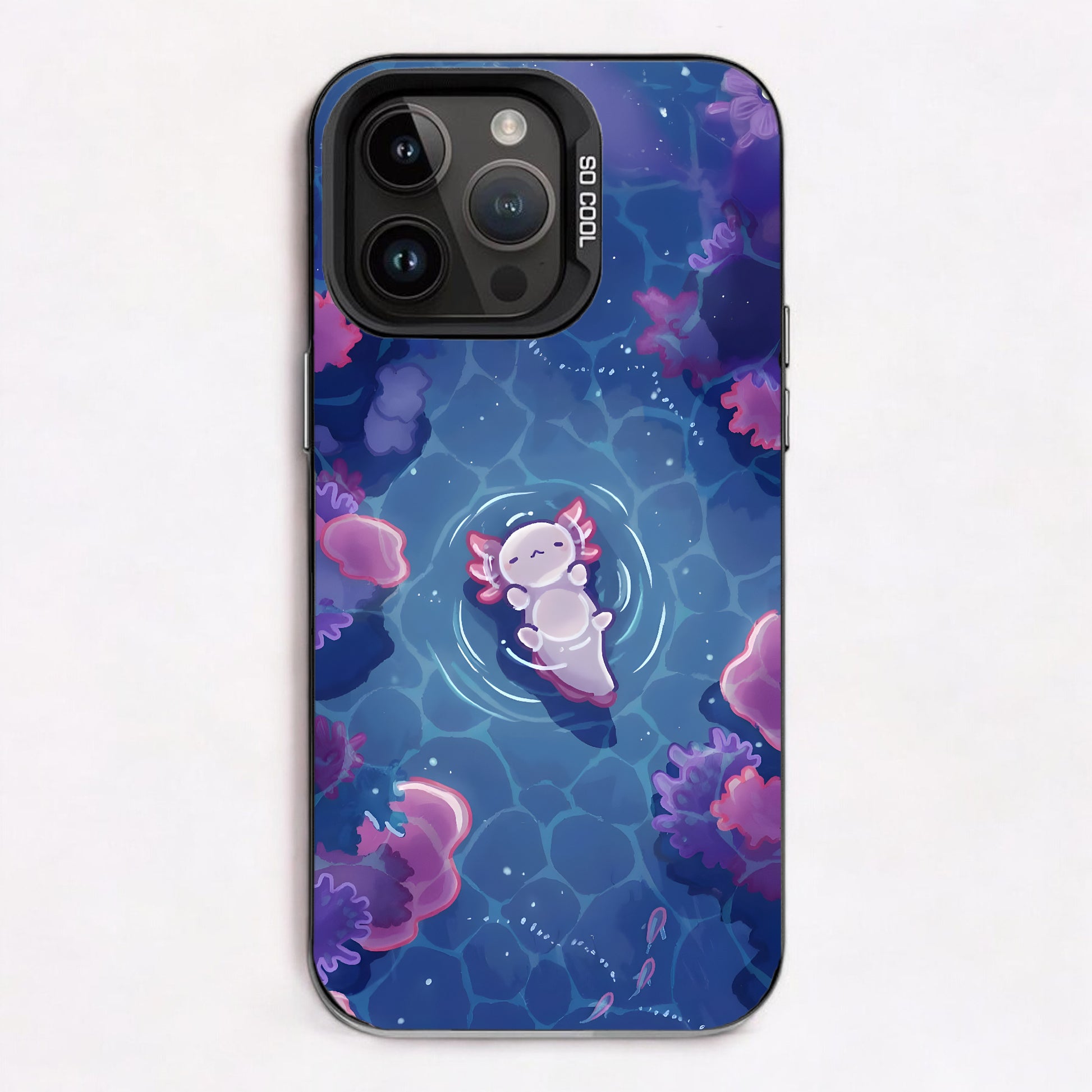 A cute axolotl floating in a river surrounded by purple flowers.
