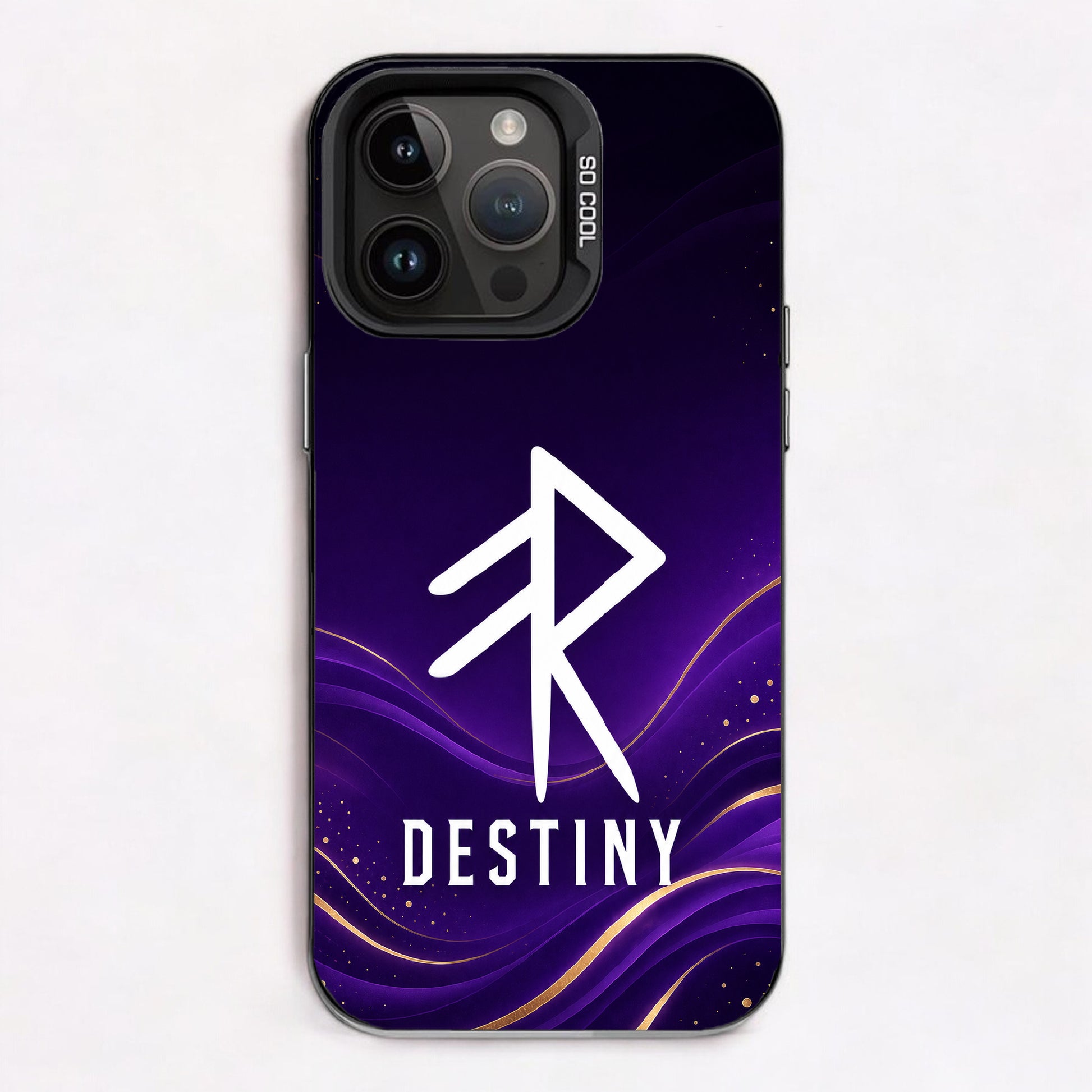 Stylized white rune over gradient purple background with golden accents