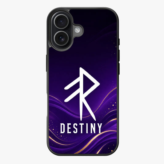 Stylized white rune over gradient purple background with golden accents