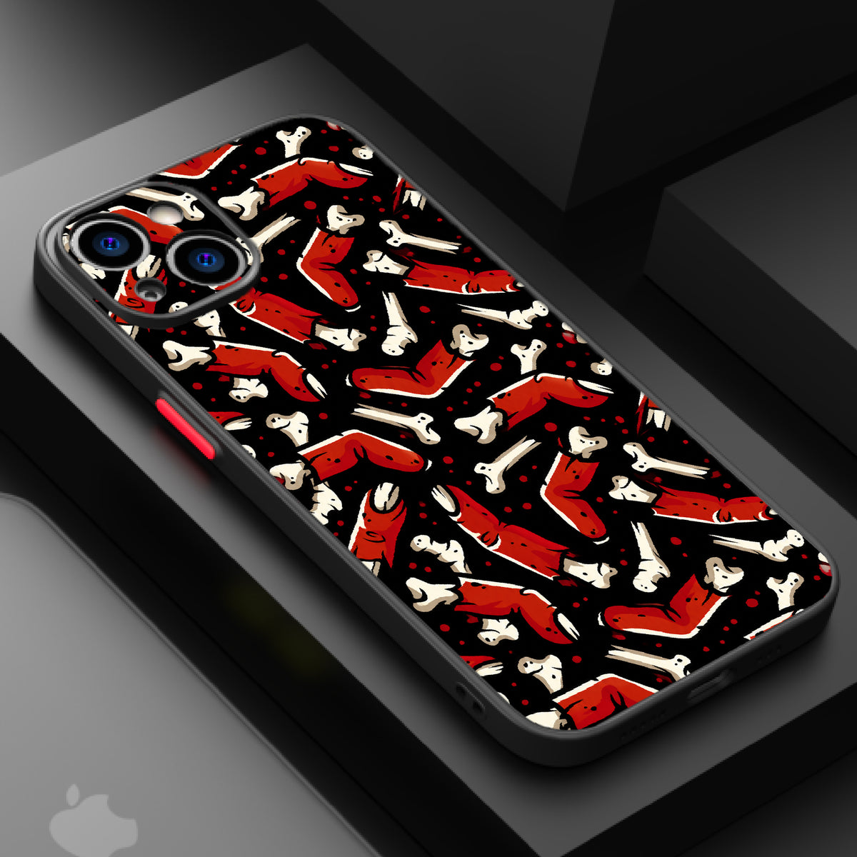 A chaotic scattering of red and white bones against a black background, evoking a dark and eerie mood.