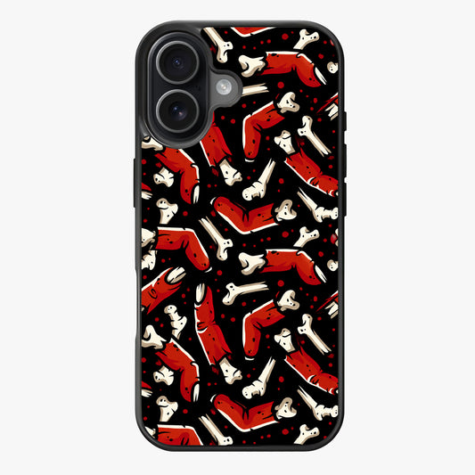 A chaotic scattering of red and white bones against a black background, evoking a dark and eerie mood.