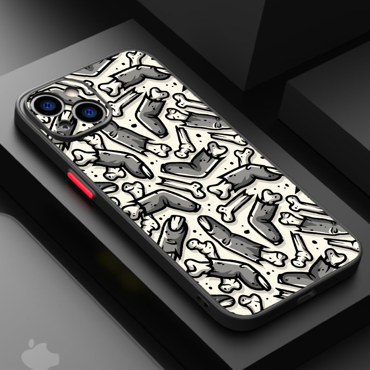 A chaotic pattern of gray bones on a white background, evoking a spooky and artistic aesthetic.