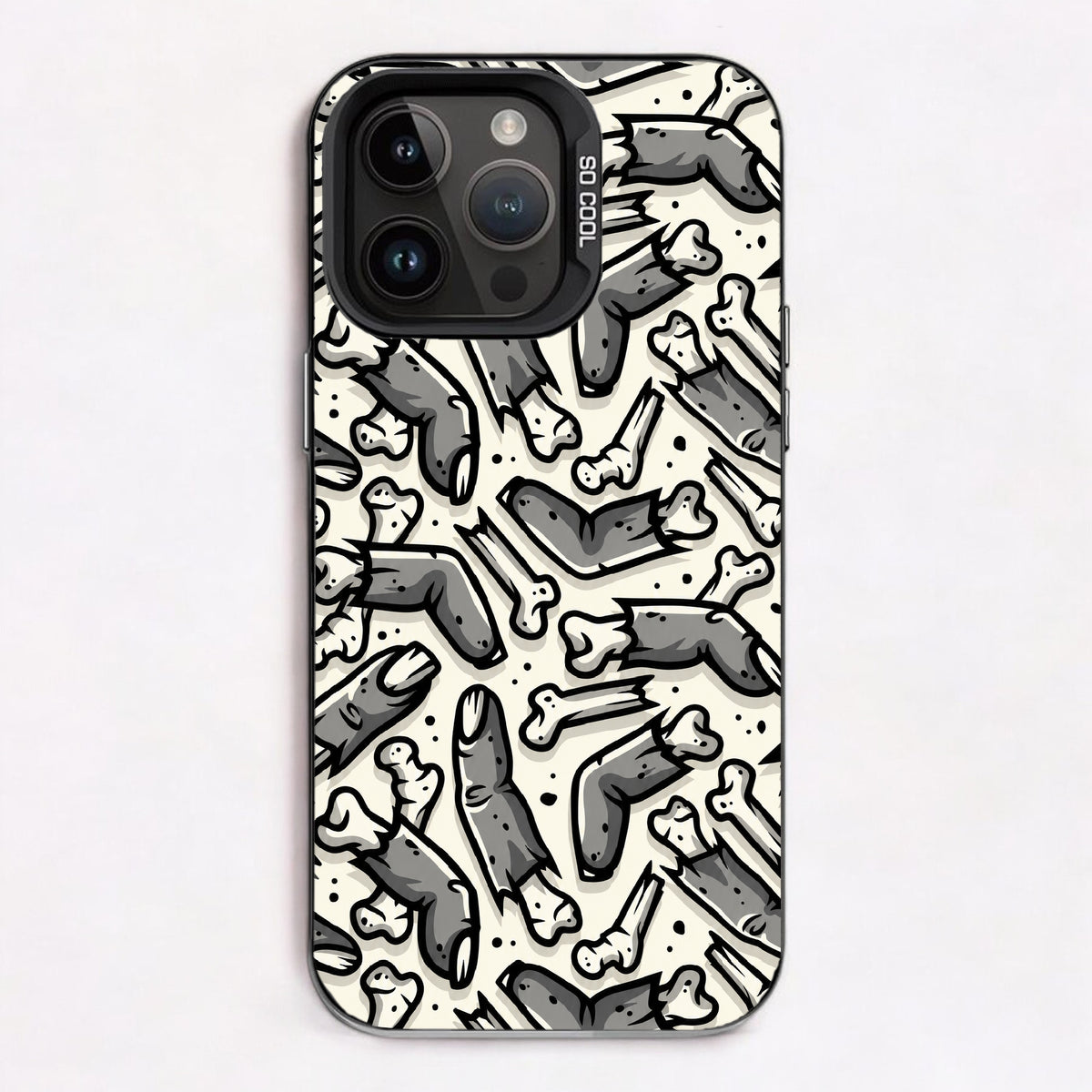 A chaotic pattern of gray bones on a white background, evoking a spooky and artistic aesthetic.