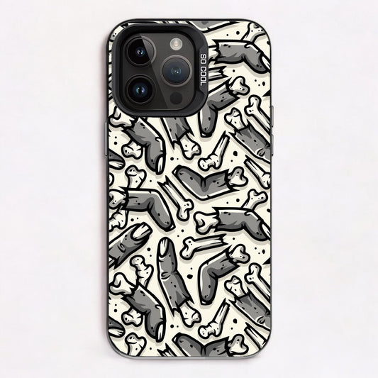 A chaotic pattern of gray bones on a white background, evoking a spooky and artistic aesthetic.