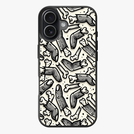 A chaotic pattern of gray bones on a white background, evoking a spooky and artistic aesthetic.