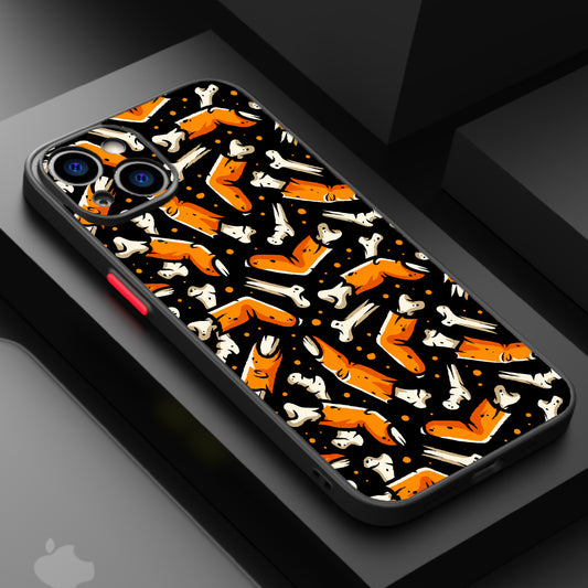 Halloween-themed phone case design with orange and white bones on a black background.