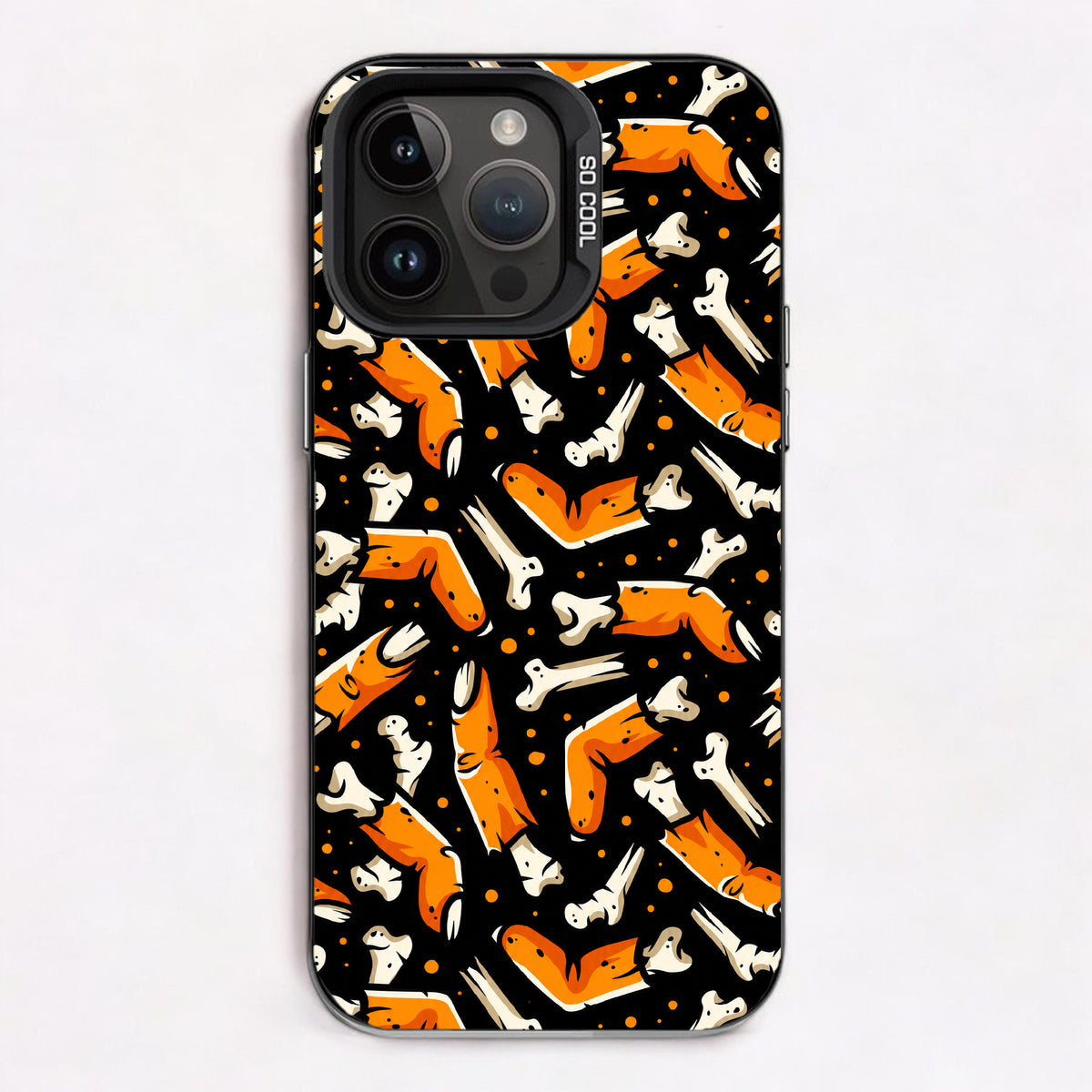 Halloween-themed phone case design with orange and white bones on a black background.