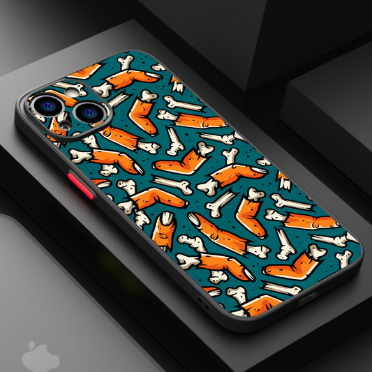 Repeating pattern of orange and white bones on a teal background, evoking a spooky and eerie mood.
