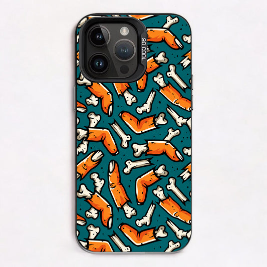 Repeating pattern of orange and white bones on a teal background, evoking a spooky and eerie mood.
