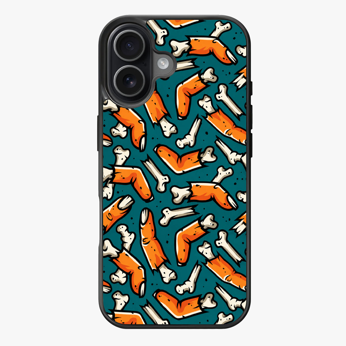 Repeating pattern of orange and white bones on a teal background, evoking a spooky and eerie mood.
