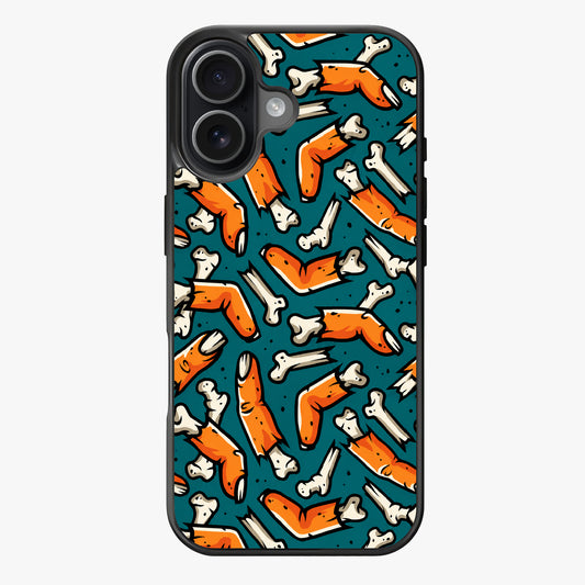 Repeating pattern of orange and white bones on a teal background, evoking a spooky and eerie mood.