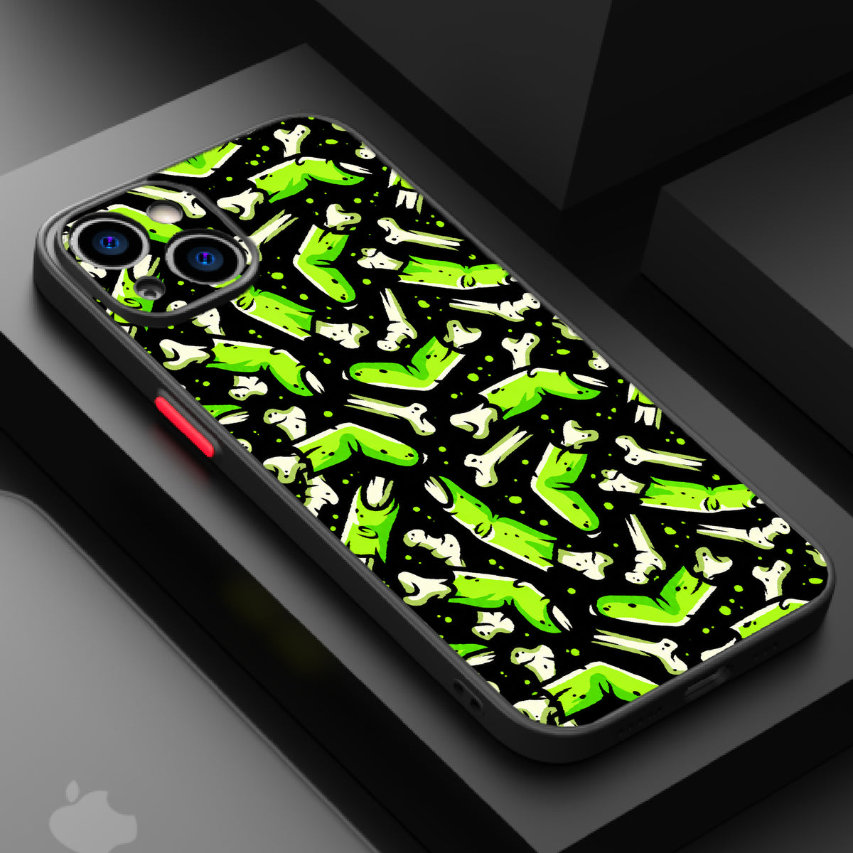 Neon green skulls and bones on a black background with a toxic glow effect.