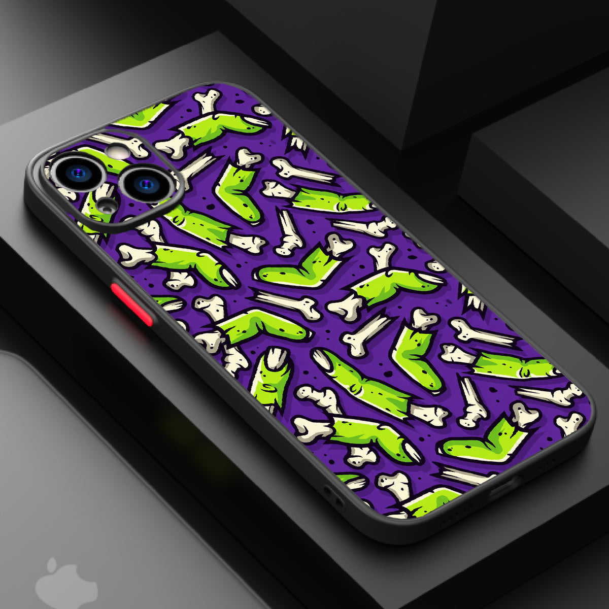 A pattern of green tentacles and white bones on a purple background.