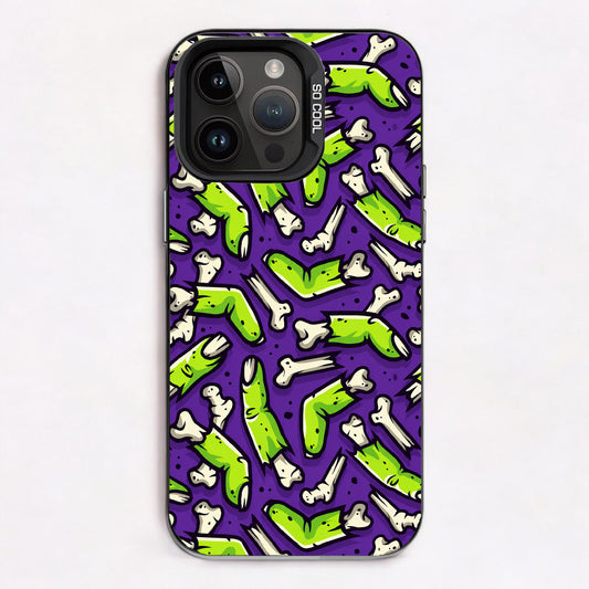 A pattern of green tentacles and white bones on a purple background.
