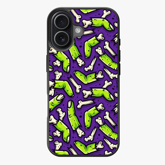 A pattern of green tentacles and white bones on a purple background.