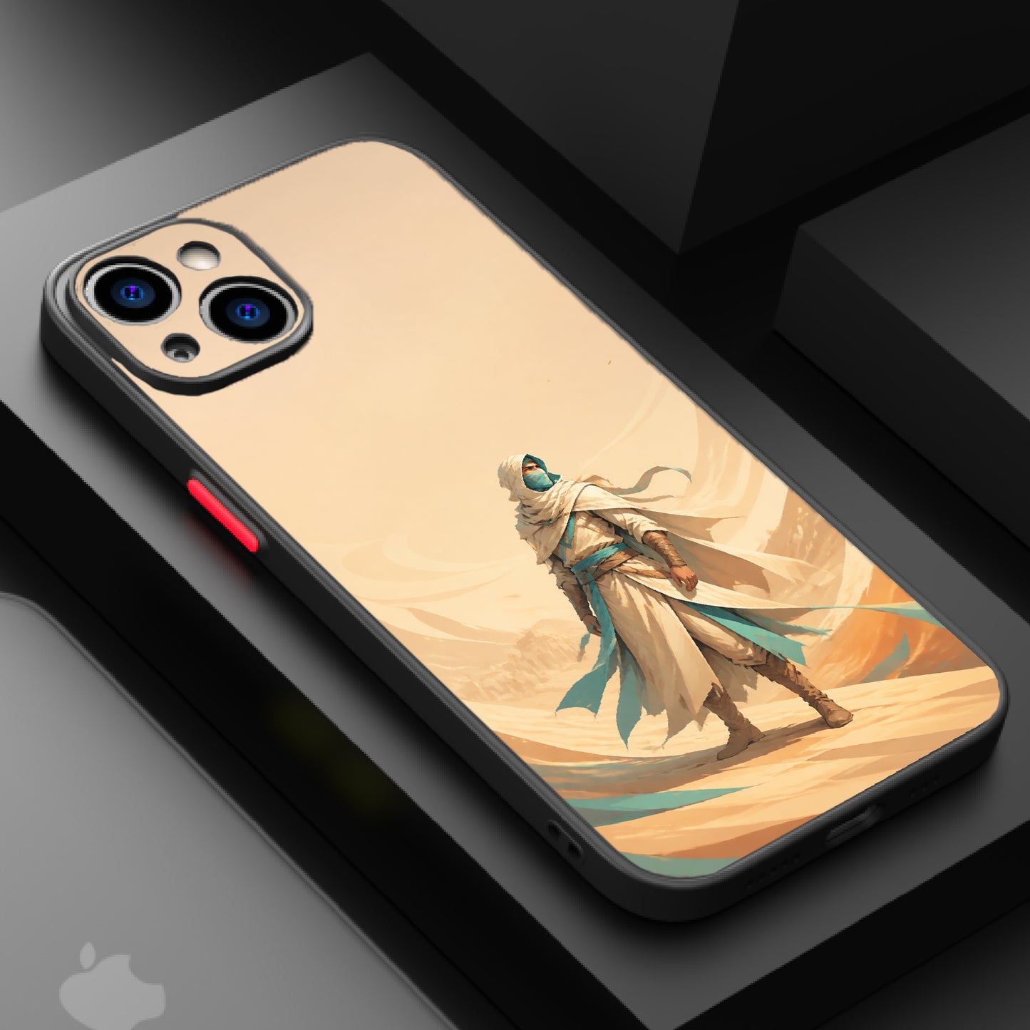 A warrior in a white robe stands on sandy terrain under a golden sky with flowing robes and a mysterious expression.
