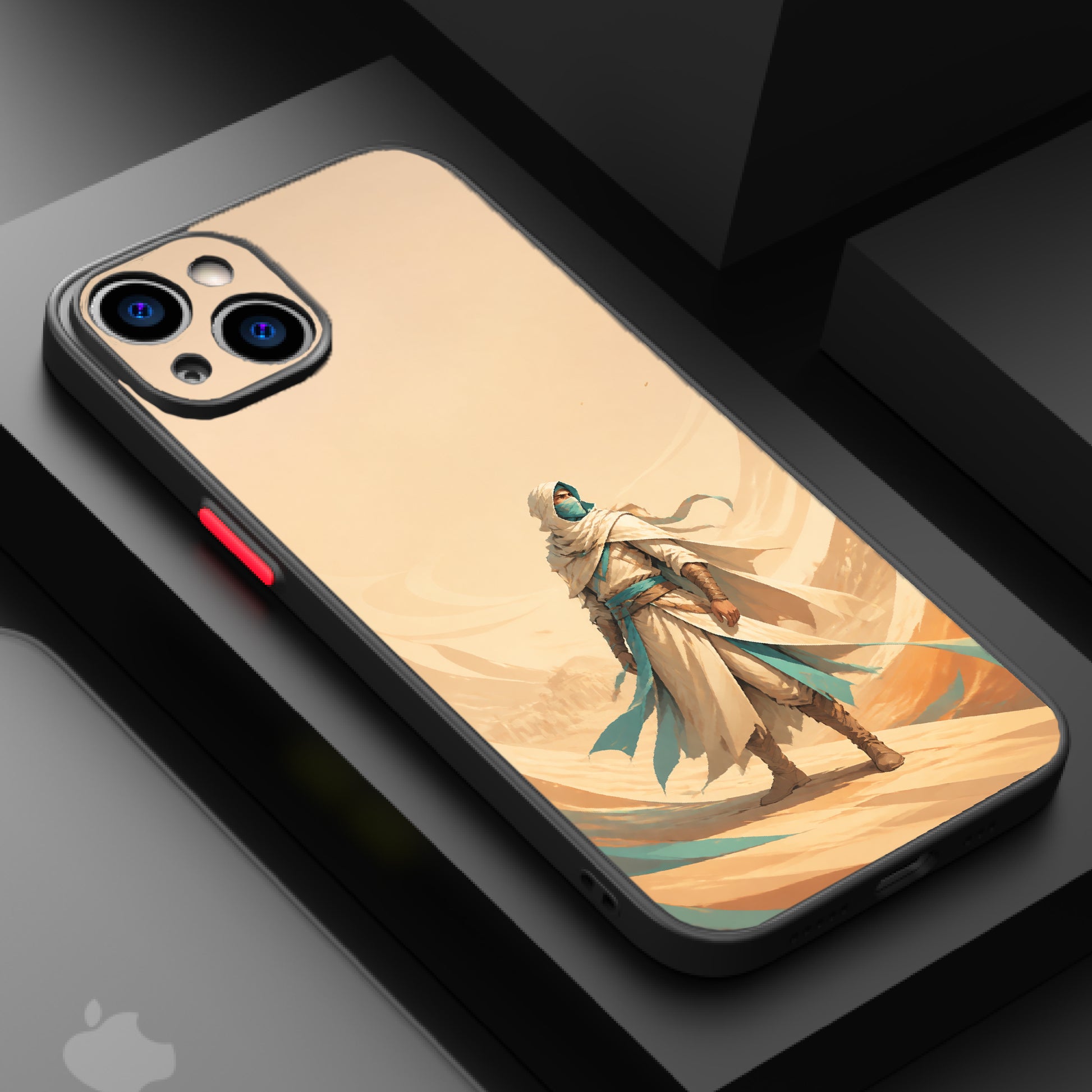 A warrior in a white robe stands on sandy terrain under a golden sky with flowing robes and a mysterious expression.