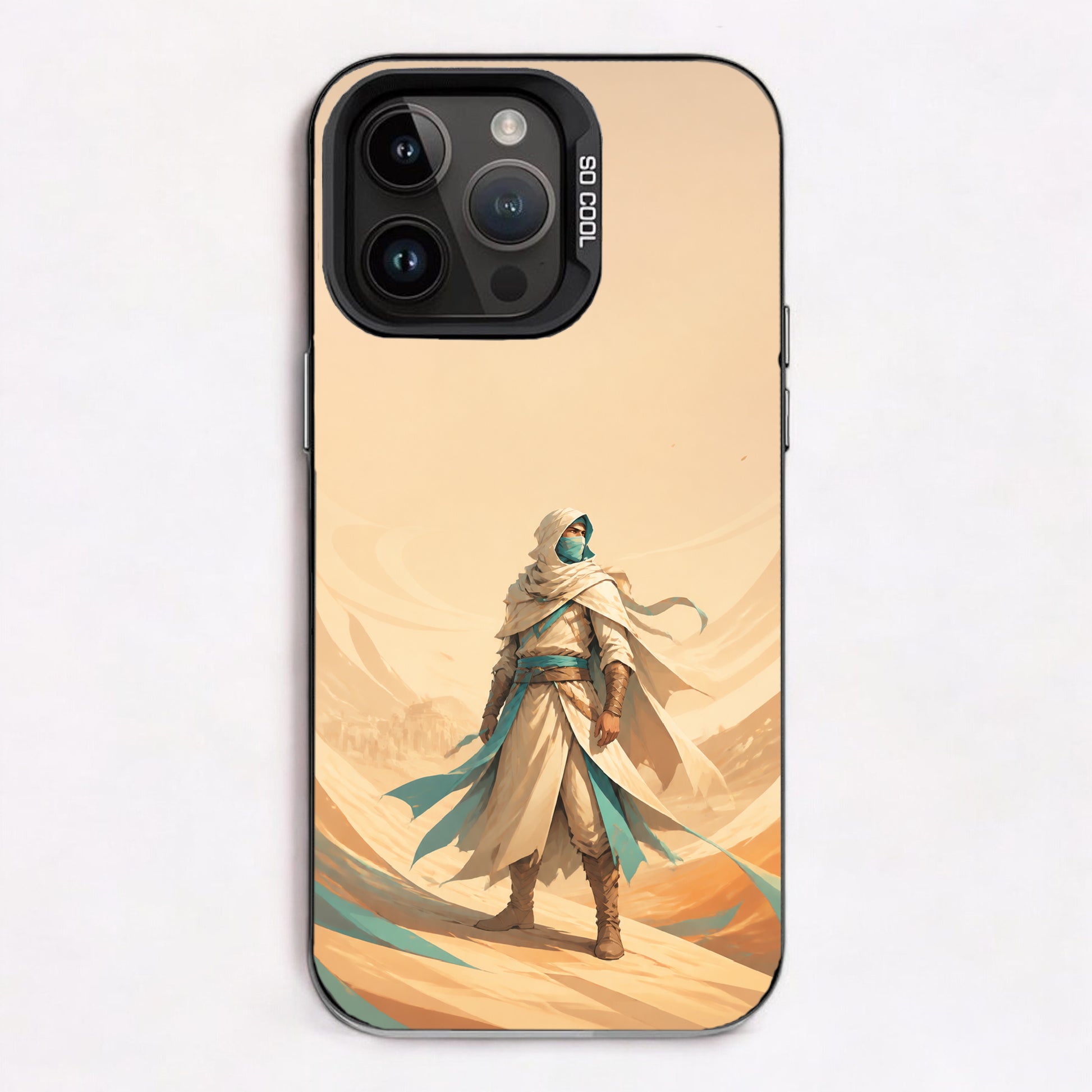 A warrior in a white robe stands on sandy terrain under a golden sky with flowing robes and a mysterious expression.