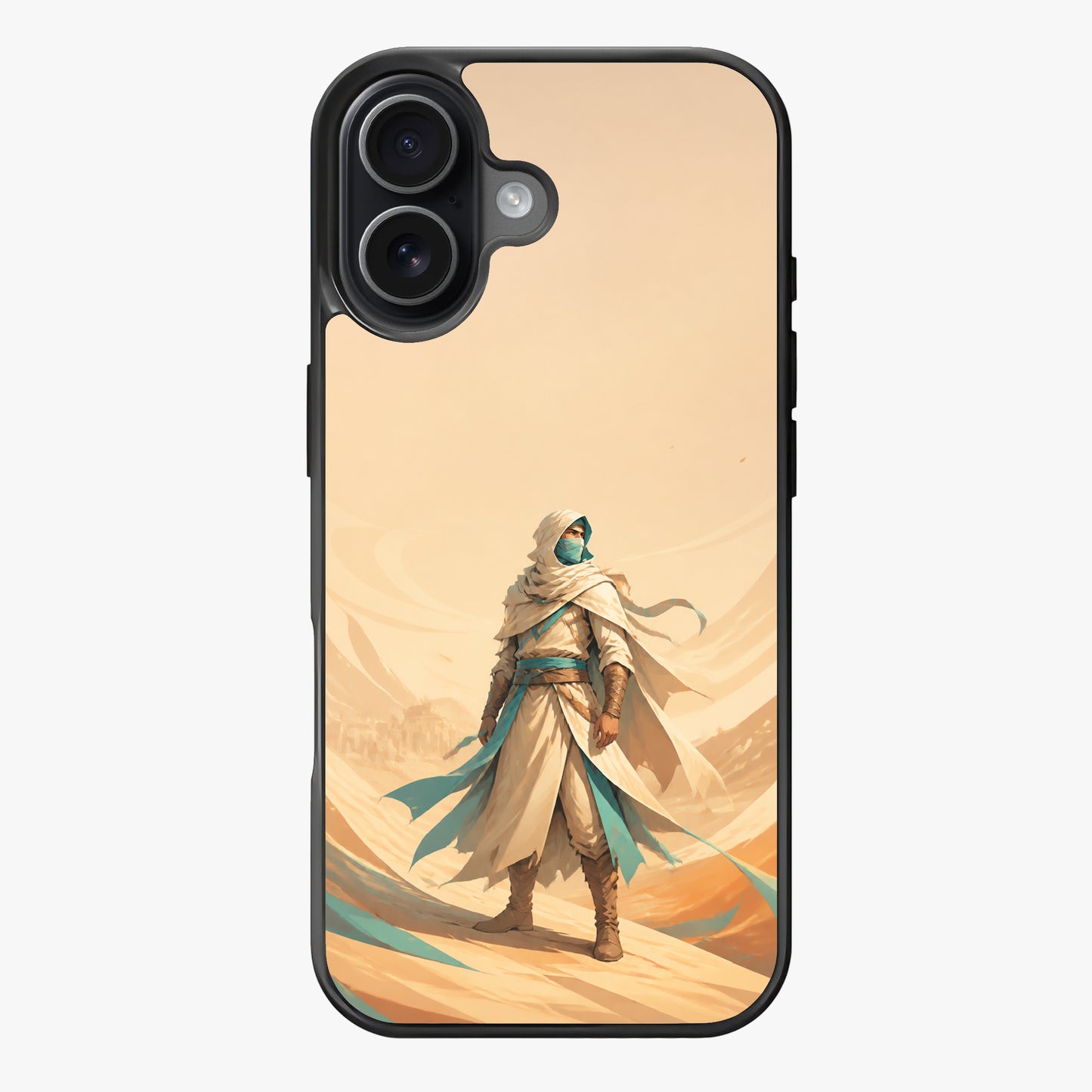 A warrior in a white robe stands on sandy terrain under a golden sky with flowing robes and a mysterious expression.
