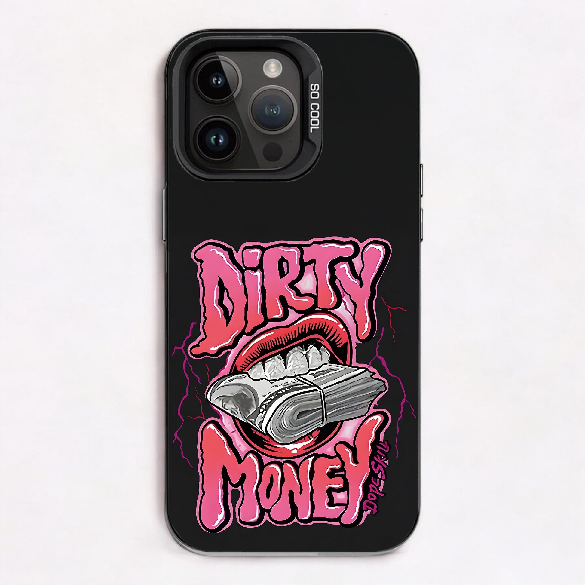 Bold pink text reading 'Dirty Money' with a mouth holding money and lightning bolts.
