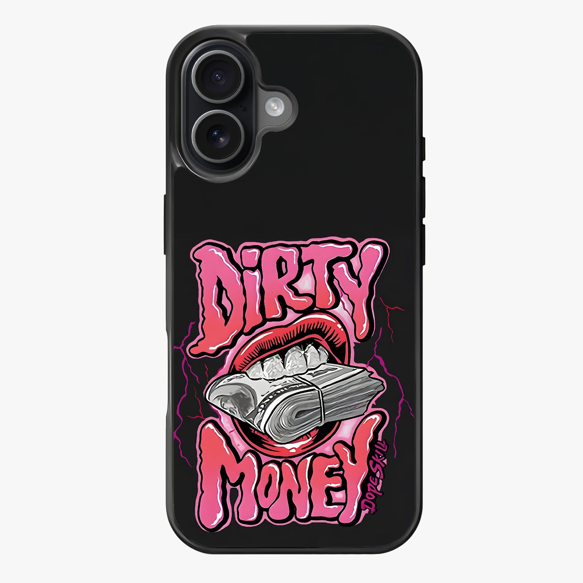 Bold pink text reading 'Dirty Money' with a mouth holding money and lightning bolts.