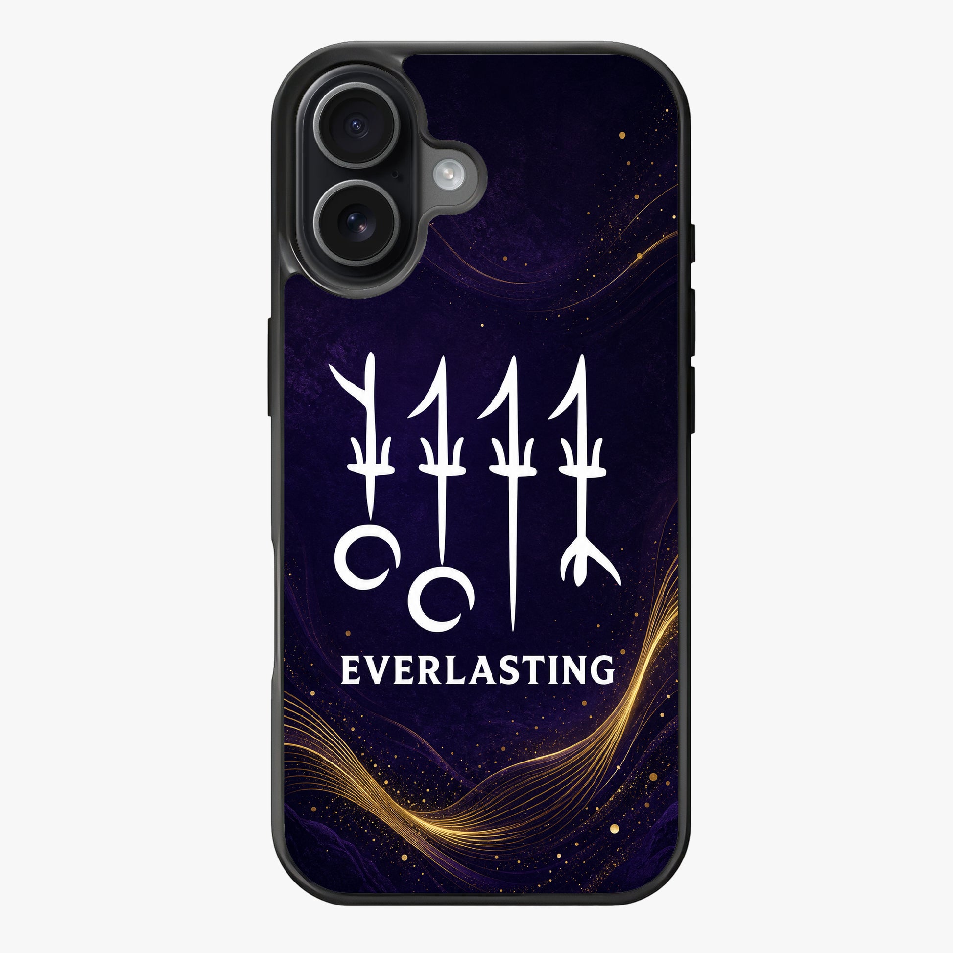A dark purple background with gold lines and dots, featuring the word 'EVERLASTING' below a white trident symbol.