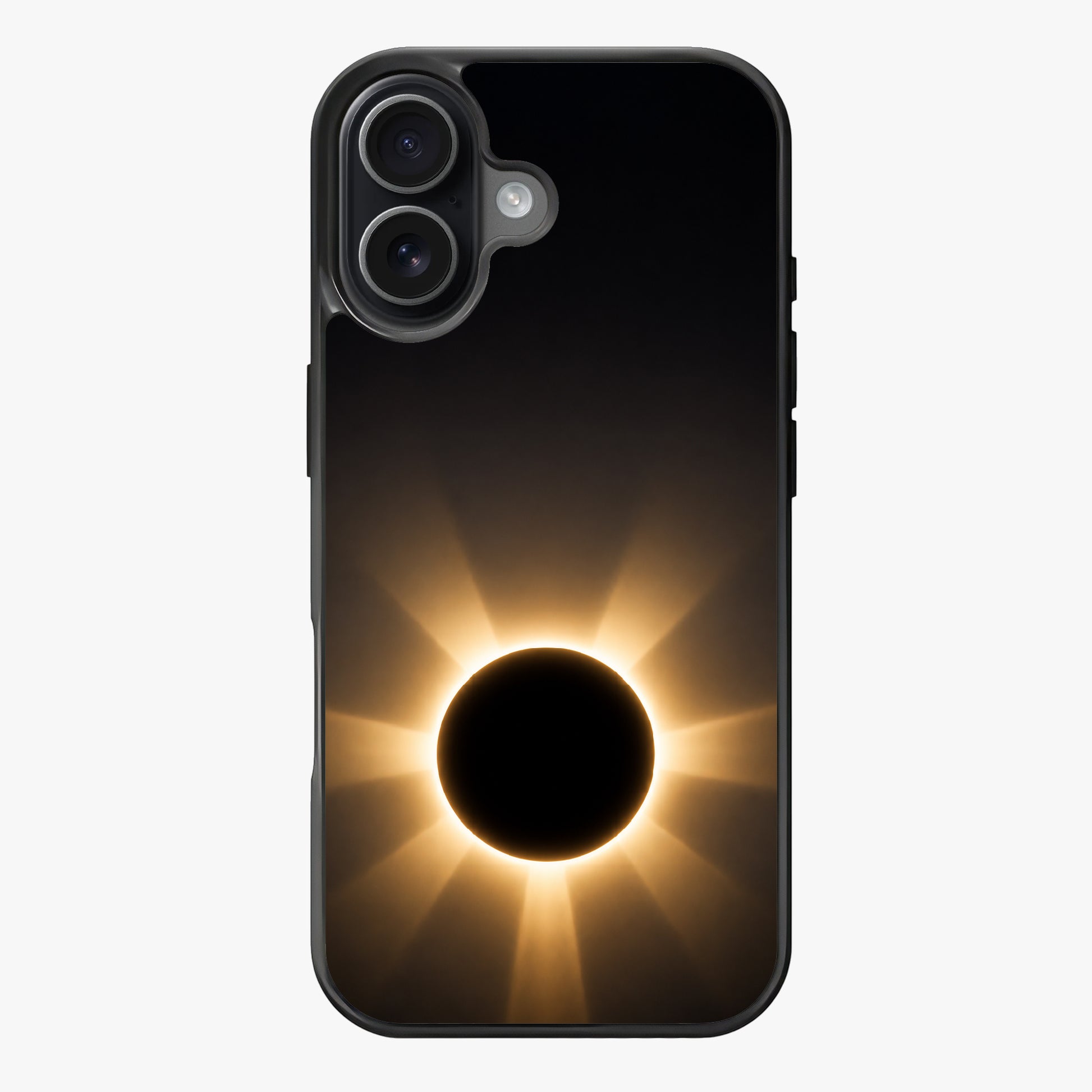 A black silhouette of an eclipse surrounded by golden corona rays against a dark background.