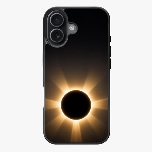 A black silhouette of an eclipse surrounded by golden corona rays against a dark background.