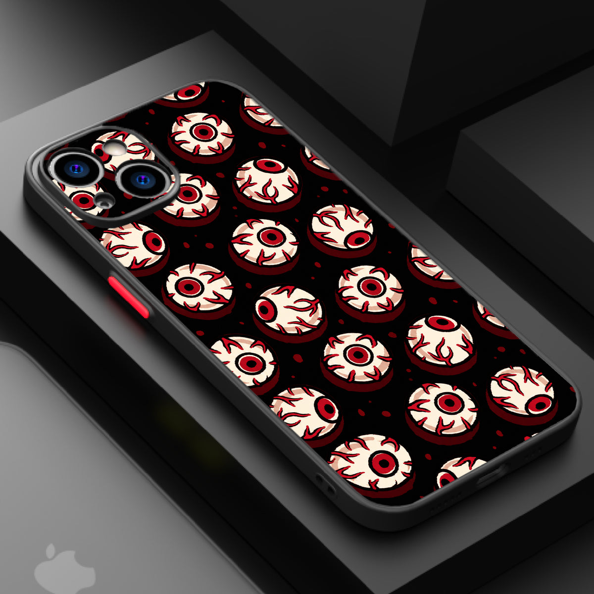 Repeating pattern of eyeballs with red veins and pupils on a dark background with blood splatters.