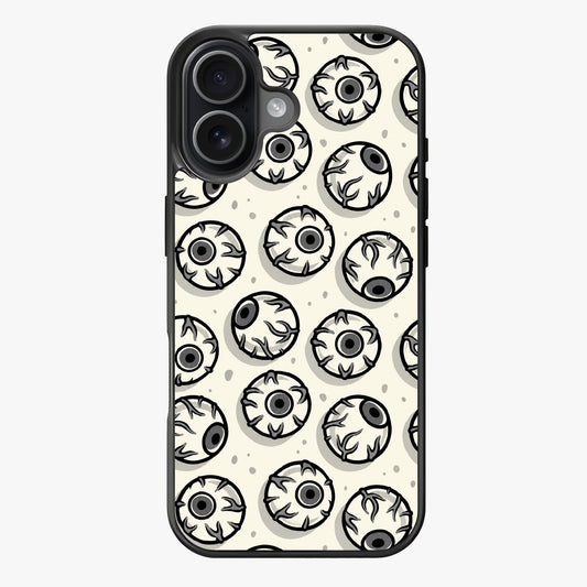 Repeating pattern of cartoonish eyes in black and white, creating a spooky and eerie mood.