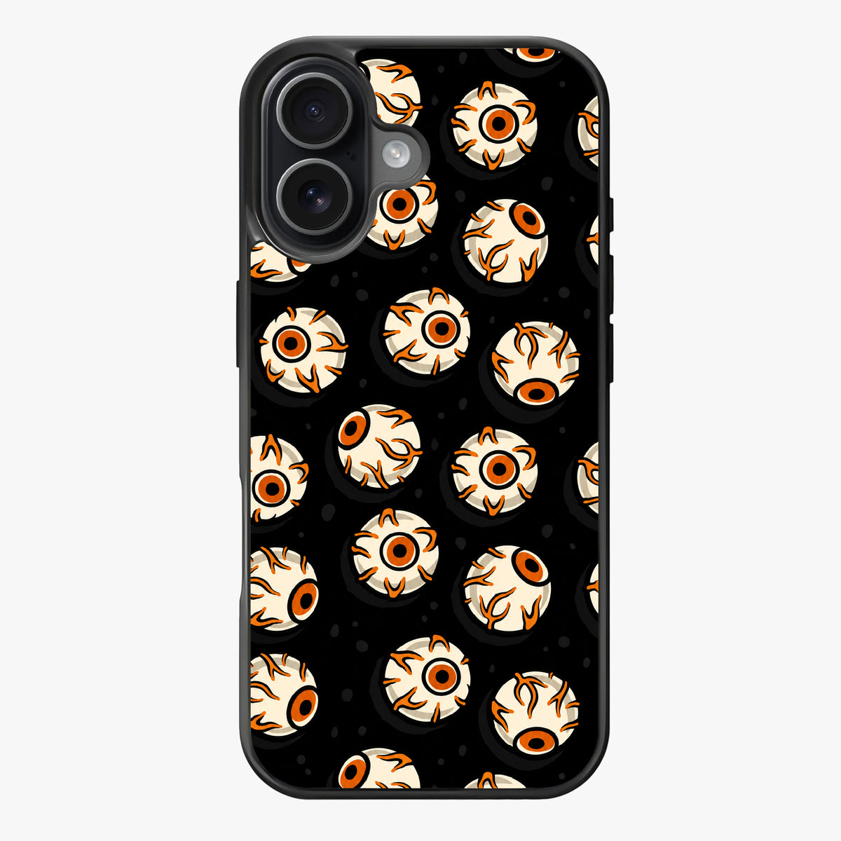Repeating pattern of cartoonish eyes with orange and black accents on a black background.