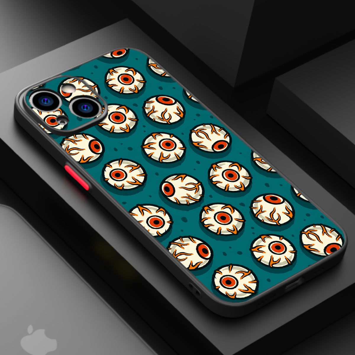 Repeating pattern of cartoonish eyes with orange and black details on a teal background.
